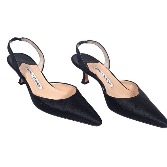 Manolo Blahnik Women’s Black Kitten Heels 39 Satin Slingback Date Night Coquette - Picture 1 of 16